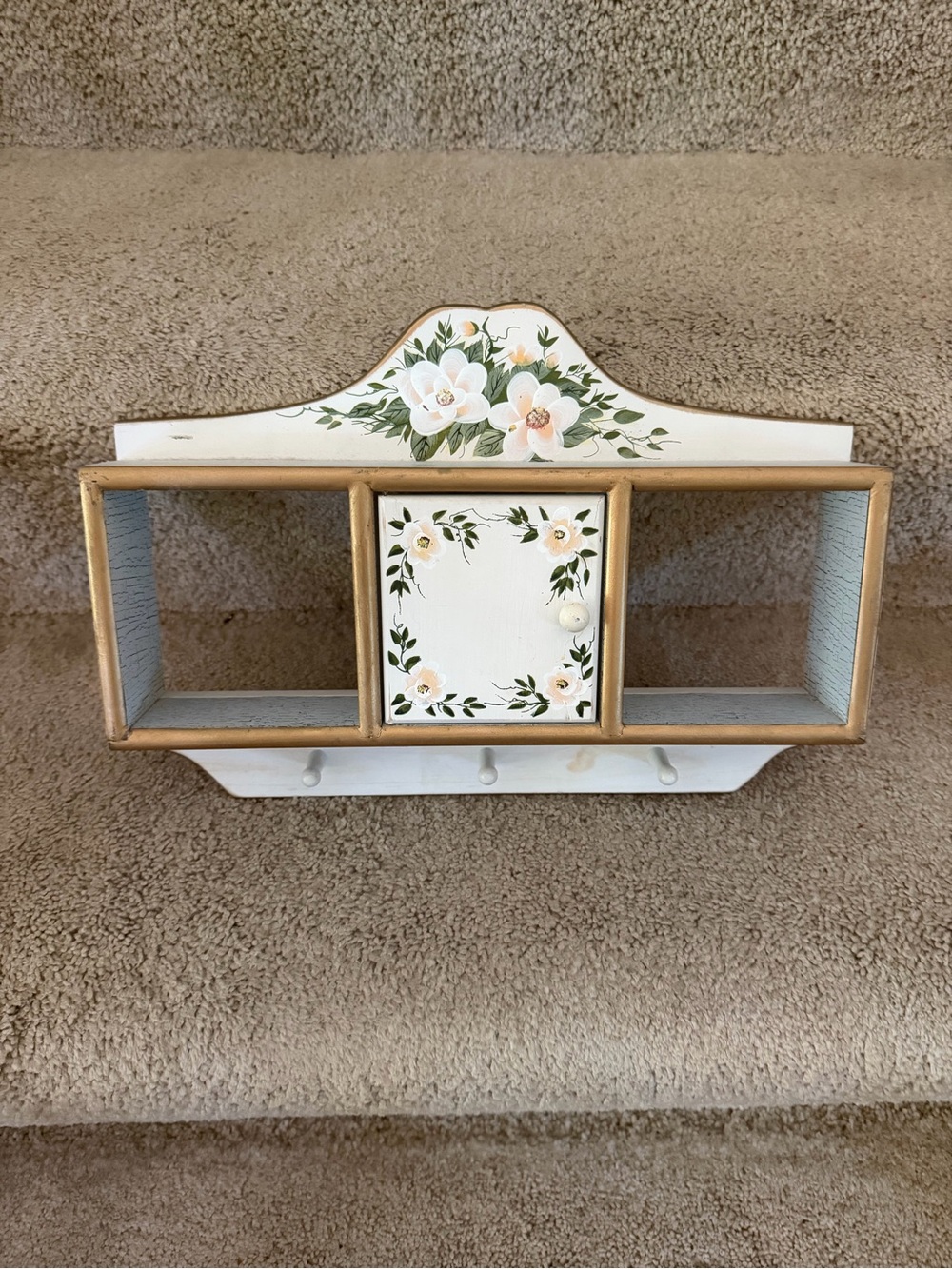 Hand-Painted Cream Floral Wall Shelf with Hooks Shabby Chic design.